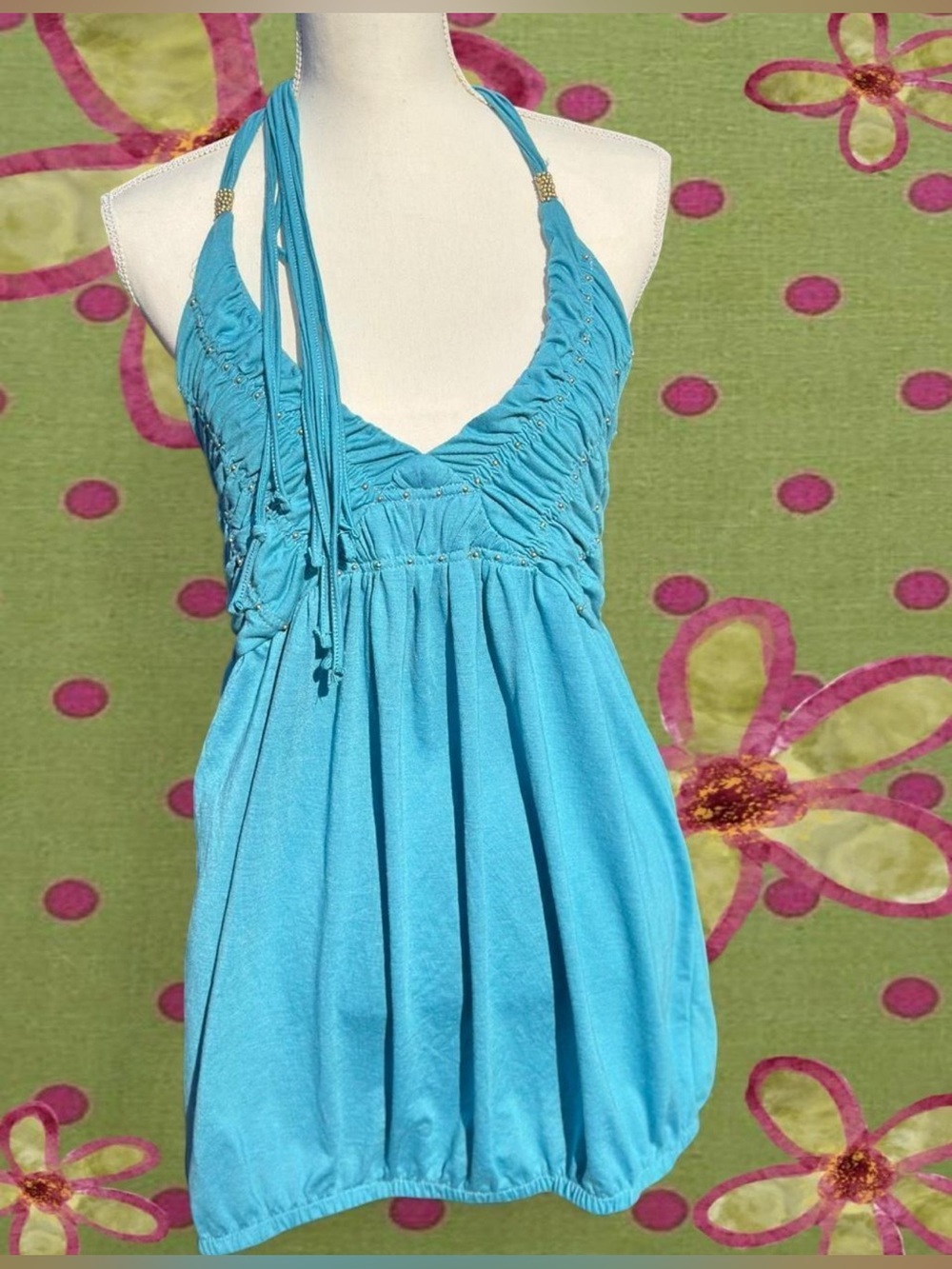 Halter Ruched Babydoll Tank Top - Blue